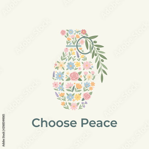 Floral grenade illustration with Choose Peace text.