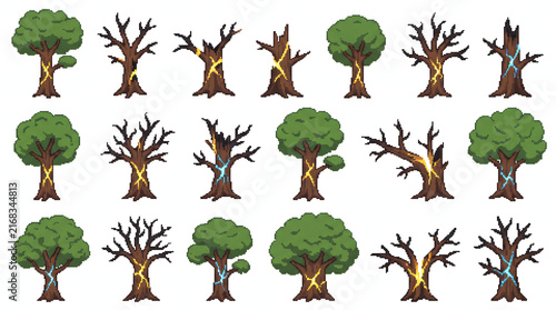 Pixel art fantasy tree set with magical glowing cracks and withered branches for game assets