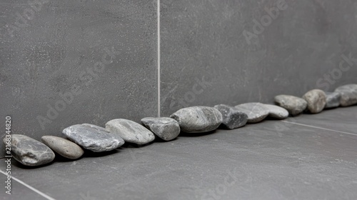 A row of gray rocks on a gray tile floor.