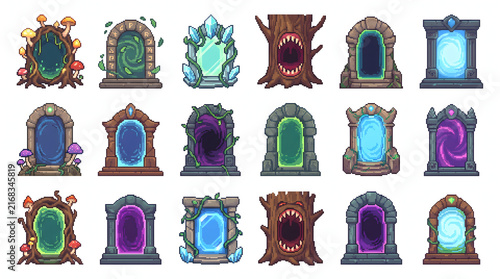 Fantasy magic portal and gateway icons in retro pixel art style for adventure game assets