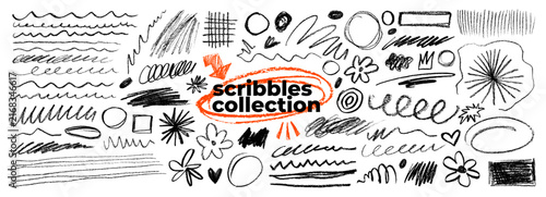 Crayon drawn underlines, messy scribbles and scrawls, flower shapes and oval for hand drawn notes and diary design. Doodle scribble highlight underlines. Messy scribble strokes and lines.
