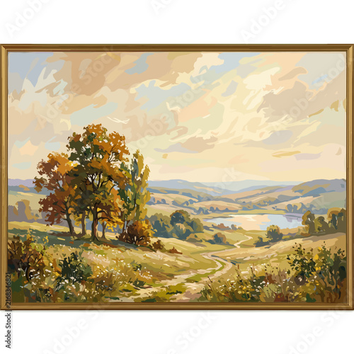 Framed impressionist autumn landscape painting with valley view.