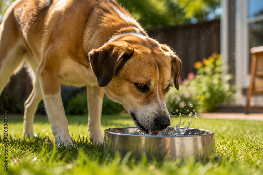 Fototapeta premium Dog drinking water from metal bowl in backyard, pet hydration and thirst