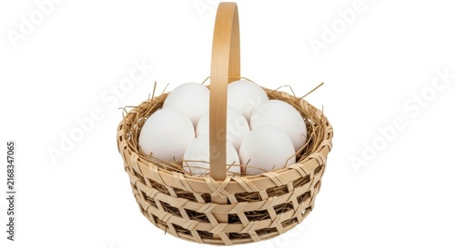 Empty woven straw basket with handle