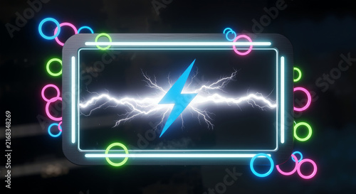 A glowing neon frame with a central blue lightning bolt and electrical arcs, surrounded by vibrant colorful circles, symbolizing power and energy.