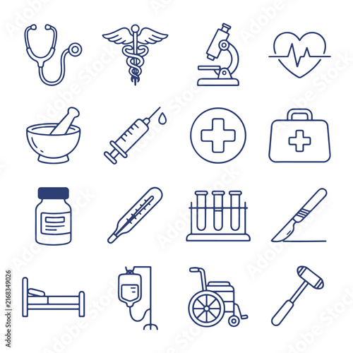 Healthcare and Medical Equipment Line Icon Grid Set Vector Illustration