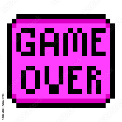Game over screen menu button label pixel art style icon pink square design. Button text game over pixelated retro gaming UI interface element isolated white background