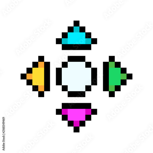 Directional d pad navigation controller arrows pixel art style icon colorful game UI. Four directional arrows center select button pixelated game control UI asset isolated white background