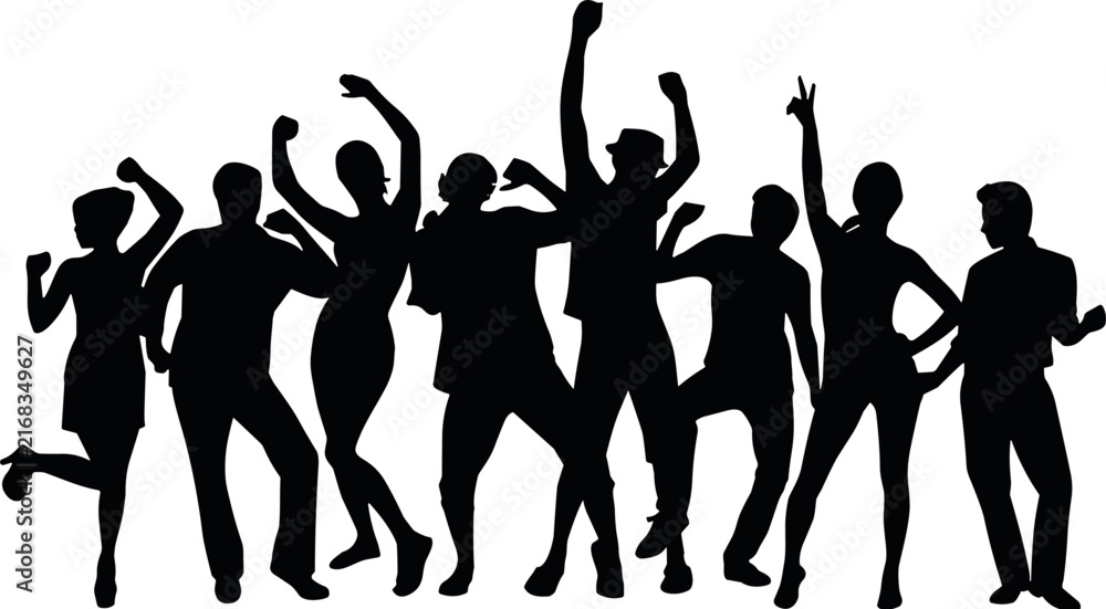 Fototapeta premium Party People Dancing Silhouette Vector Icon Set Featuring a Crowd of Cheerful Friends Celebrating at a Music Concert Event or Nightclub