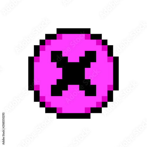 Cancel button close delete cross mark pixel art style icon pink round shape. Button letter X cross pixelated game menu control UI asset isolated white background