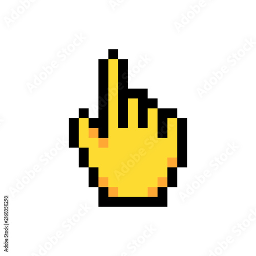 Cursor hand pointer click selection icon pixel art style game UI yellow sleeve. Pointing hand gesture pixelated cursor icon video game interface graphic isolated white background