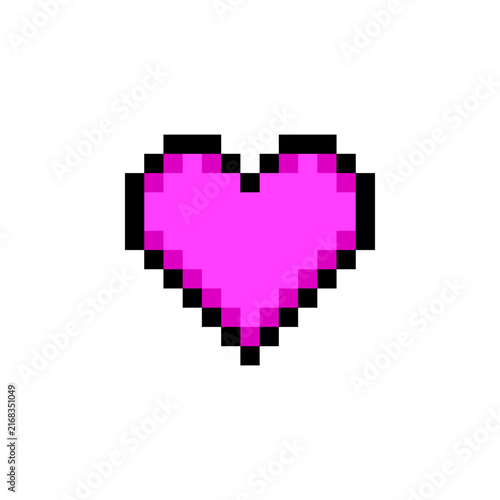 Full heart life health point status icon pixel art style game design pink color. Magenta pixelated heart shape full health life indicator game UI asset isolated white background