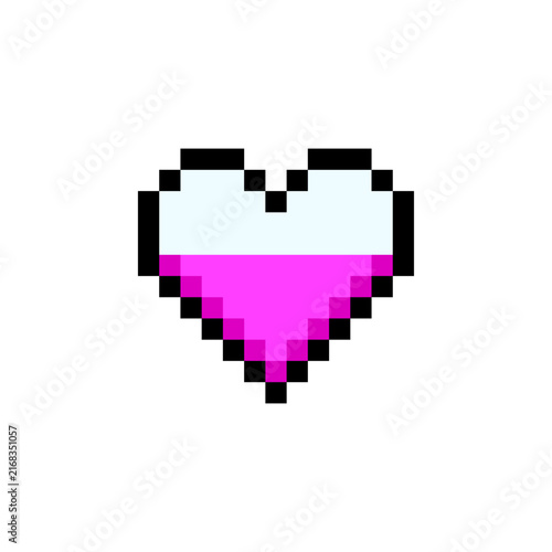 Half heart health point life status icon pixel art style game asset pink color. Pixelated heart shape half full health indicator video game UI interface element isolated white background