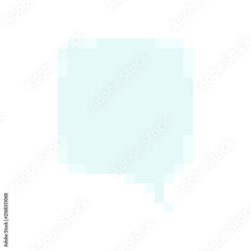 Square speech bubble chat message box pixel art style graphic light blue palette. Rectangular pixelated classic dialog game UI asset isolated white background