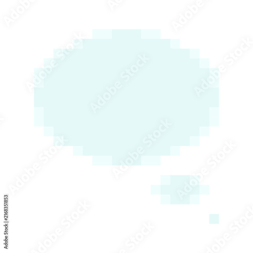 Thought bubble cloud dream message pixel art style game icon light blue palette. Oval thought cloud small tail pixelated dream dialog game interface graphic element isolated white background