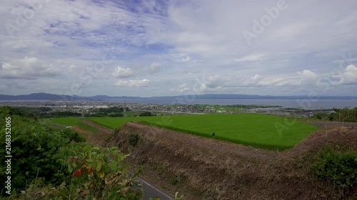 Panoramic View of Omura City, Rice Fields and Bay from Mount Nodake in Nagasaki, Japan