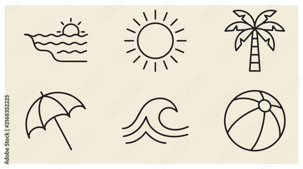 Fototapeta premium Summer beach icons set with sun palm tree ocean waves and beach umbrella line art vector illustration beach ball holiday symbols sun symbol tropical vacation sunshine recreation