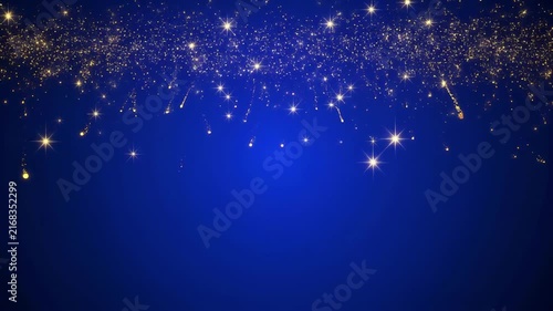 Golden Particles Sparkle Flowing Across Deep Blue Background with Subtle Light Effects