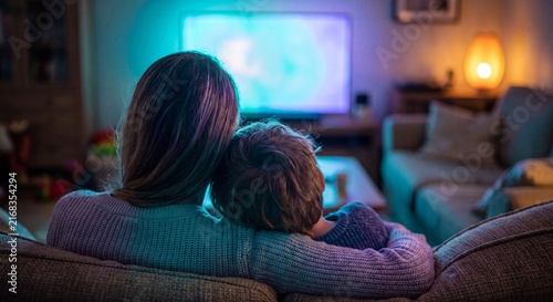 Mother and child sitting on sofa watching television together in cozy living room at night