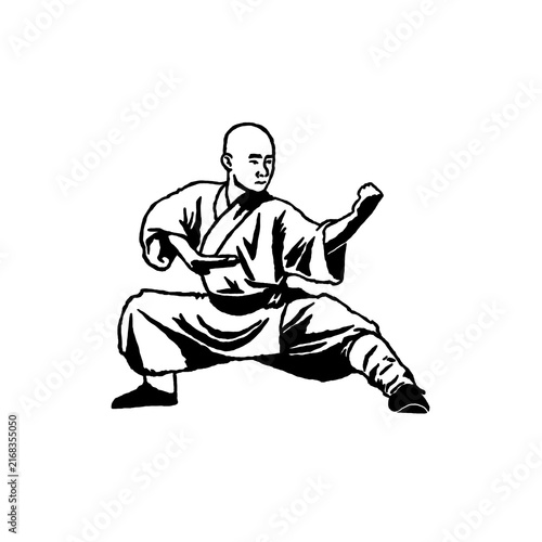 Canvastavla kungfu shaolin stance illustration. black and white ink style