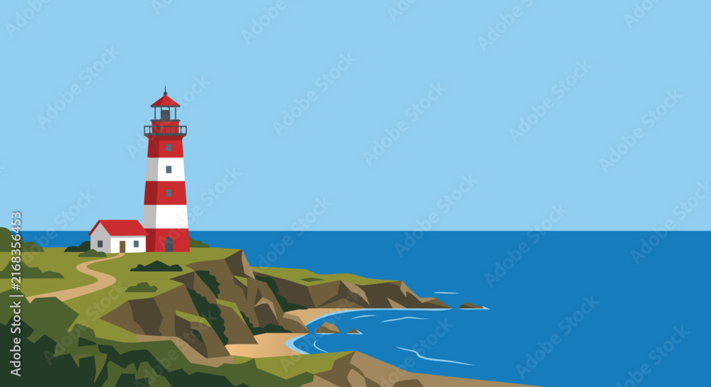 Fototapeta premium Scenic Landscape Featuring a Classic Red and White Lighthouse Standing on a Rocky Coastal Cliff Overlooking a Calm Blue Ocean Under Clear Skies