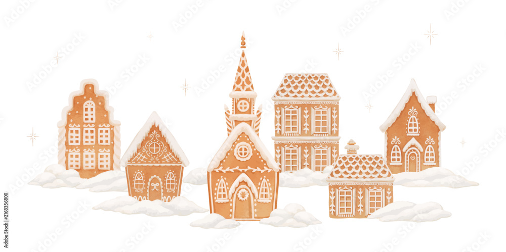 Fototapeta premium Christmas Winter Village with Church and Snowy Gingerbread Houses, Vector Rural Holiday Landscape