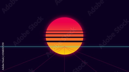 Retro synthwave sunset horizon with glowing neon grid lines, 80s aesthetic motion animation 4k background