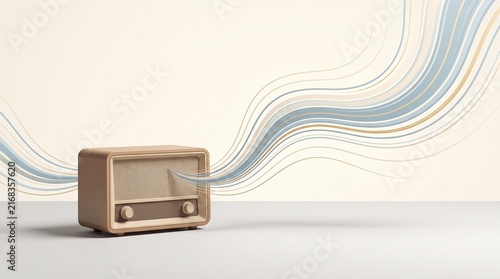 Minimalist 3D Render of a Vintage Radio Emitting Abstract Flowing Sound Waves