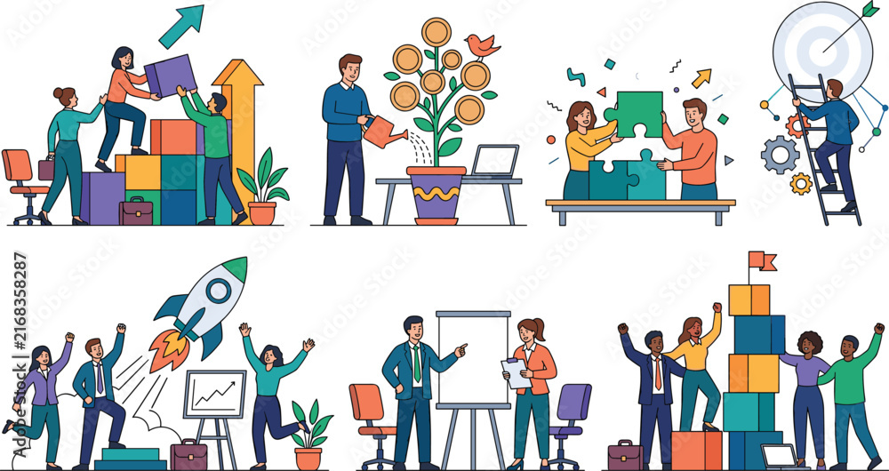 Fototapeta premium Startup Business Teamwork and Growth Concept Set with Rocket Launch Money Tree Target Goal Puzzle Solution and Presentation Vector Illustrations