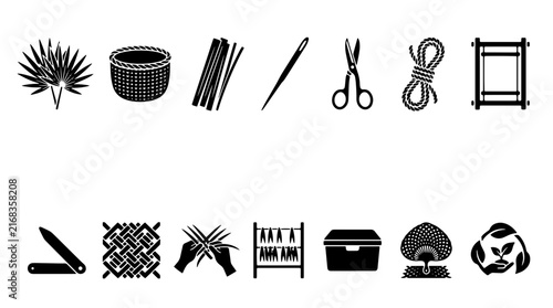 Foto Traditional weaving tools icons, black silhouette basketry equipment set, 14 han