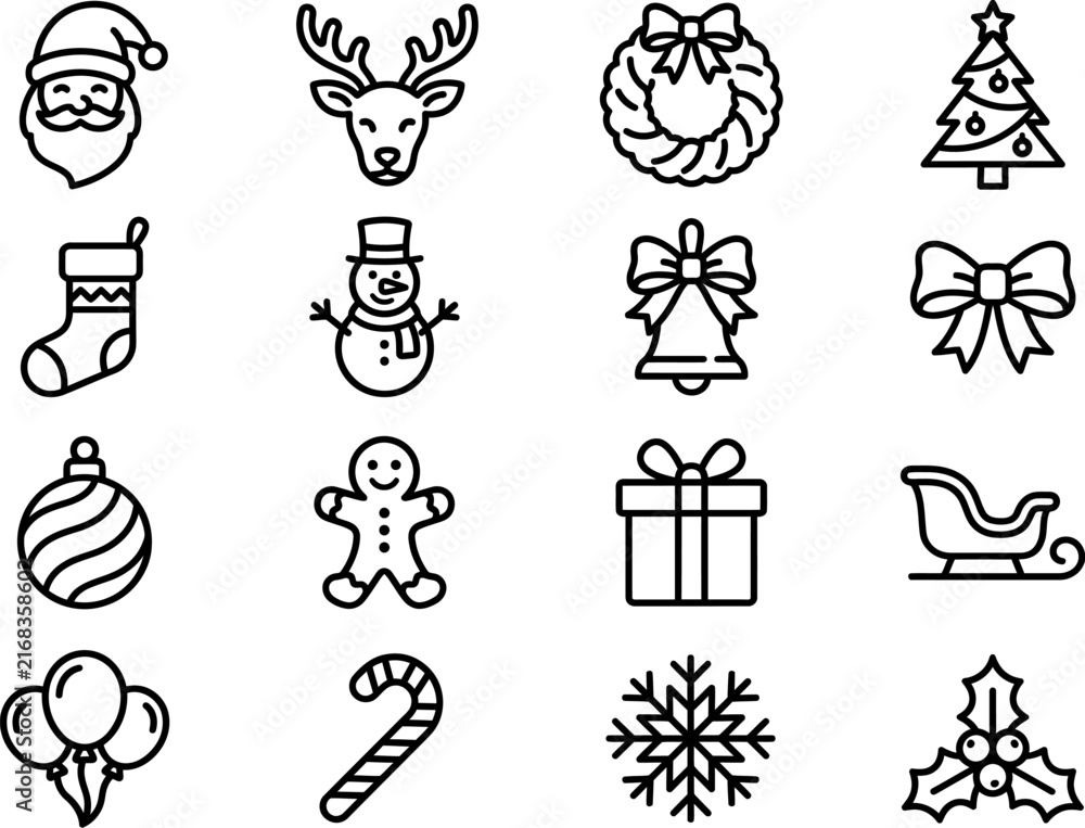 Fototapeta premium Collection of christmas icons in linear style on a white background