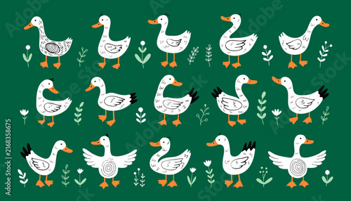 A simple, playful illustration showing rows of white ducks with orange beaks and feet on a dark green background, surrounded by small decorative plants and flowers.
