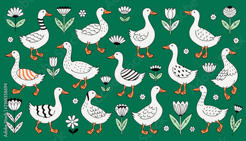 A folk-art vector pattern featuring stylized white ducks and minimalist flowers against a dark green background. The ducks feature orange beaks and feet alongside distinct black and orange feather.