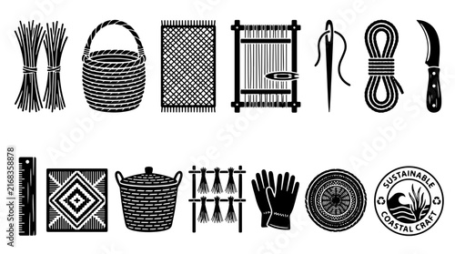 Photography Traditional basket weaving icons set, sustainable coastal craft tools vector, ha
