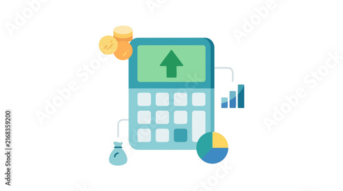 Financial calculator with growth arrow and gold coins, business profit analysis vector, accounting and investment data visualization