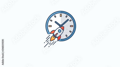 Rocket launch with clock icon, fast delivery and time management concept, startup speed and productivity vector illustration
