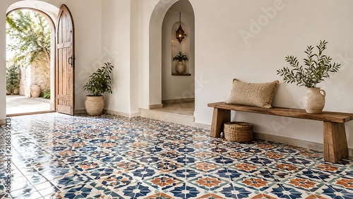Ornate tiled entryway with rustic wooden bench and plants