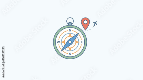 Minimalist travel compass vector icon, navigation equipment with map pin and airplane, adventure and tourism concept illustration