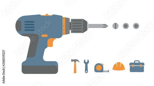 Cordless electric drill vector illustration, professional power tool set with construction icons, home renovation equipment