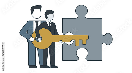 Business solution concept with businessmen holding a golden key to a puzzle piece. Corporate success and teamwork vector illustration.