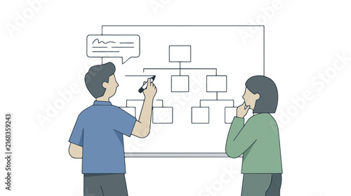 Business flow chart illustration, corporate team planning on whiteboard vector, professional organizational structure diagram
