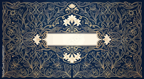Foto Vintage floral frame with gold ornate botanical details and a central blank spac