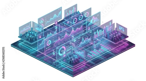 Isometric business analytics dashboard displays holographic projections of financial data metrics and corporate team meeting rooms illuminated with vibrant neon blue and purple light beams against a c