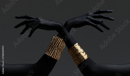 Two elegantly posed, black-skinned hands adorned with golden bracelets