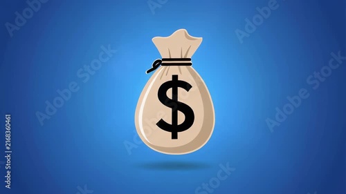 Money bag with dollar sign animation in blue background with light effects for financial concepts