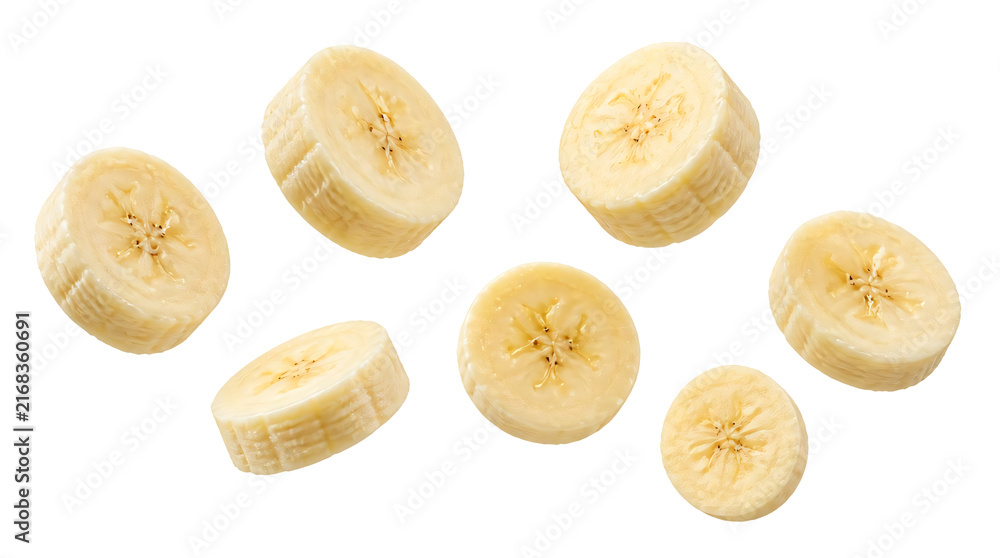 Obraz premium Floating banana slices isolated on transparent background