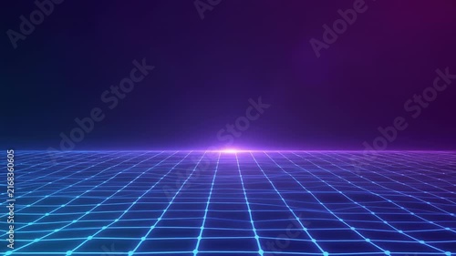 Neon grid landscape with glowing horizon during a cinematic camera fly-through
