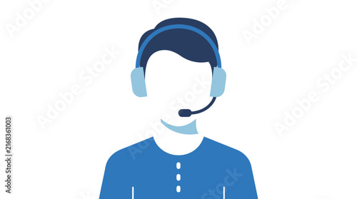 Customer service agent wearing professional headset for communication tasks shown as a clean, minimalist vector graphic illustration in blue tones
