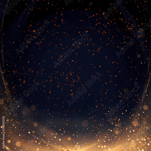 Golden glitter particles background. Luminous gold sparkle ring glow and bokeh frame on dark navy backdrop. Abstract luxury celebration light effect for awards and wedding poster design.