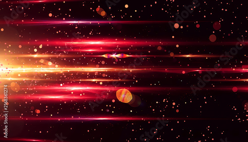 Glowing red laser light line background. Dynamic speed streak rays with bright lens flare and particles on dark backdrop. Abstract sci-fi energy motion trail for modern gaming banner design.